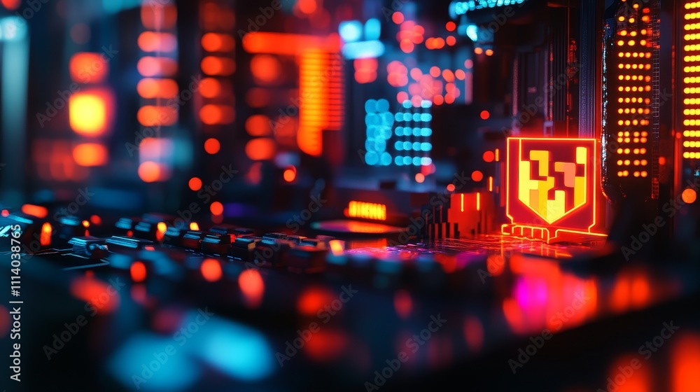 A close-up view of a computer motherboard illuminated with vibrant neon lights. A close-up view of a computer motherboard illuminated with vibrant neon lights.