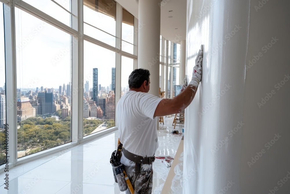 A skilled painter applies a coat of fresh paint to a wall, showcasing a breathtaking cityscape backdrop through large windows in a modern, stylish interior. A skilled painter applies a coat of fresh paint to a wall, showcasing a breathtaking cityscape backdrop through large windows in a modern, stylish interior.