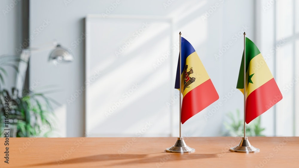 FLAGS OF MOLDOVA AND SENEGAL ON TABLE FLAGS OF MOLDOVA AND SENEGAL ON TABLE