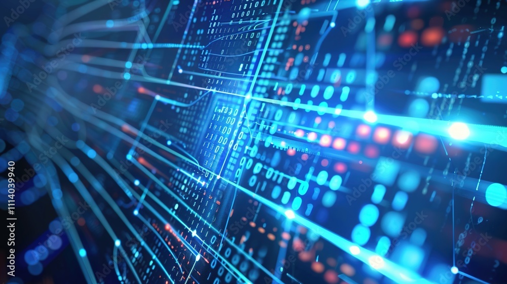 Fototapeta premium abstract tech background with illuminated fiber optic connections quantum computing network system and electronic global intelligence