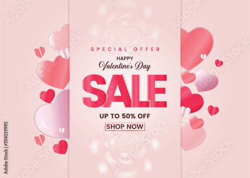 Valentine's Day Sale Banner Glittery paper hearts on a pink shimmer background, origami style. Perfect for Feb 14 discounts and flyers.