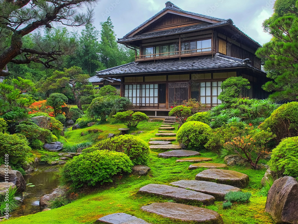 美しい日本庭園と古民家の調和:和の心を感じる伝統的な風景 美しい日本庭園と古民家の調和:和の心を感じる伝統的な風景