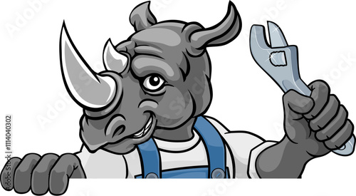 A rhino cartoon animal mascot plumber, mechanic or handyman builder construction maintenance contractor peeking around a sign holding a spanner or wrench