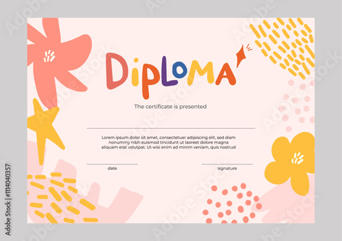 Diploma or certificate for kids template with cute hand drawing modern style background. Soft Pastel Themed.