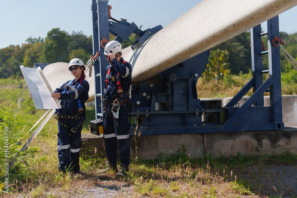 Engineers in safety gear conduct a detailed inspection of wind turbine blades at a construction site. Large blades are placed on the ground, highlighting the renewable energy technology. Engineers in safety gear conduct a detailed inspection of wind turbine blades at a construction site. Large blades are placed on the ground, highlighting the renewable energy technology.