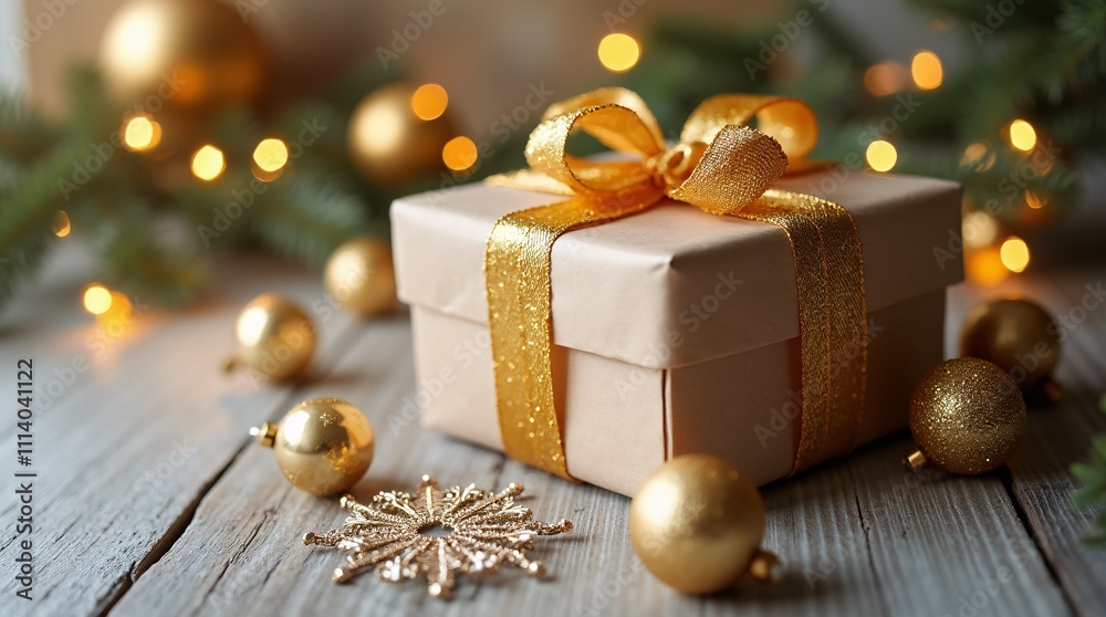Christmas Tree with Gift Box, Lights, Baubles, Fir Branches, and Snowflakes Ornament on Wooden Table. Christmas Tree with Gift Box, Lights, Baubles, Fir Branches, and Snowflakes Ornament on Wooden Table.