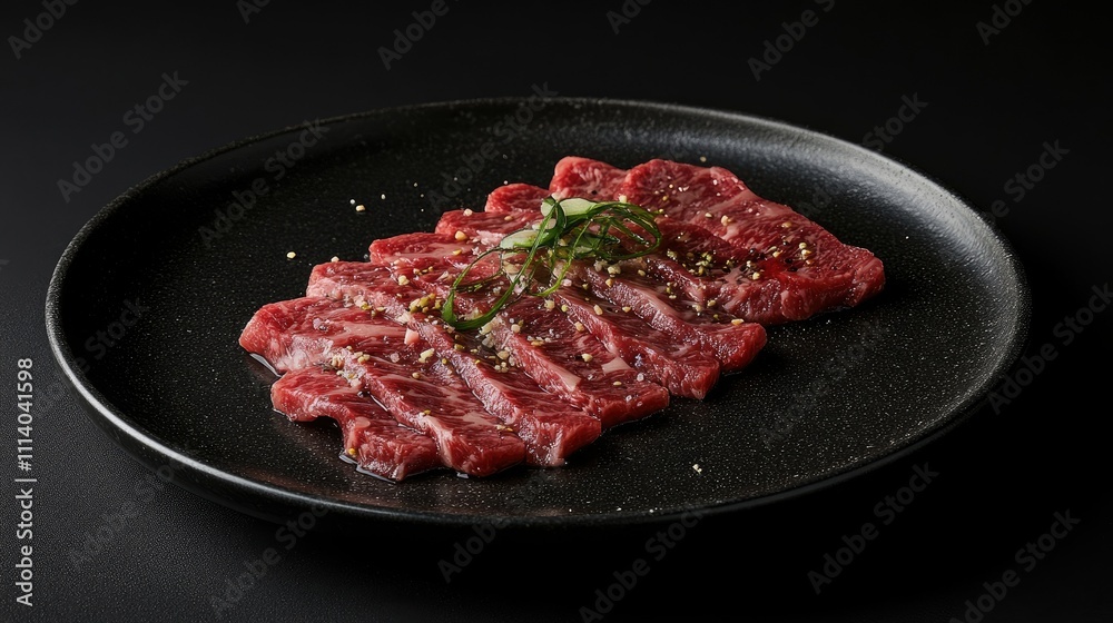 Sliced Wagyu Beef on Dark Plate Sliced Wagyu Beef on Dark Plate