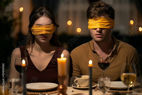 Generative AI Image of Romantic Couple Blindfolded on a Date for Valentine's Celebration