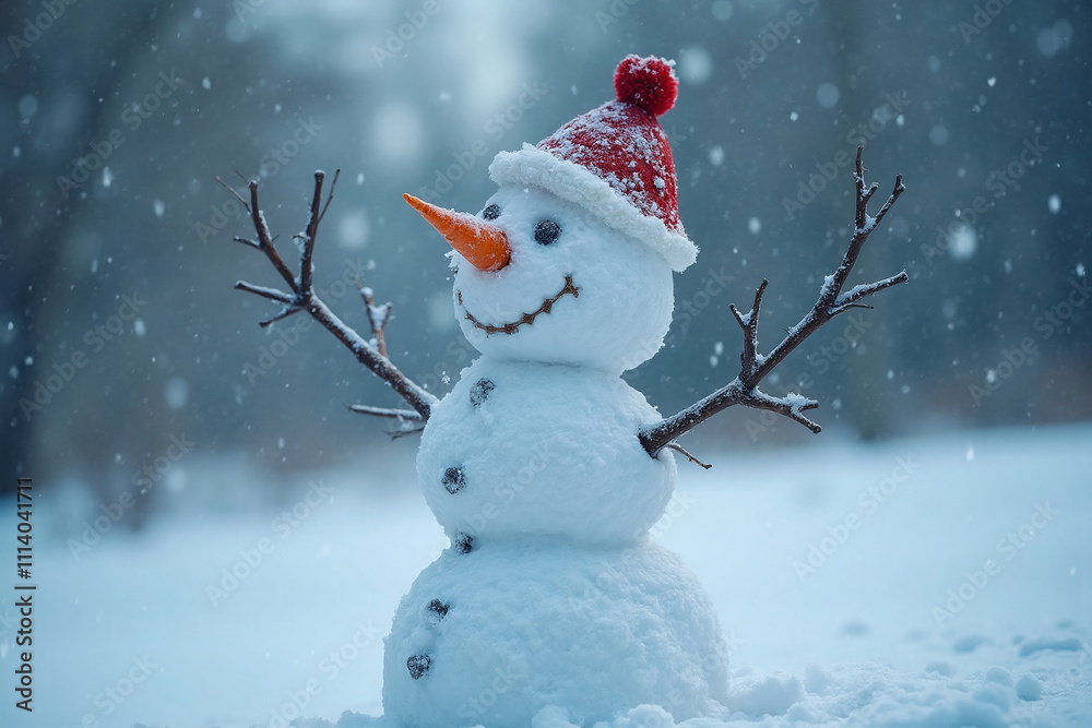 A smiling snowman wearing Xmas hat out in the falling snow during winter, happily greeting all a Merry Christmas and a fun, happy holiday season and New Year. Welcoming Yuletide spirit concept. A smiling snowman wearing Xmas hat out in the falling snow during winter, happily greeting all a Merry Christmas and a fun, happy holiday season and New Year. Welcoming Yuletide spirit concept.