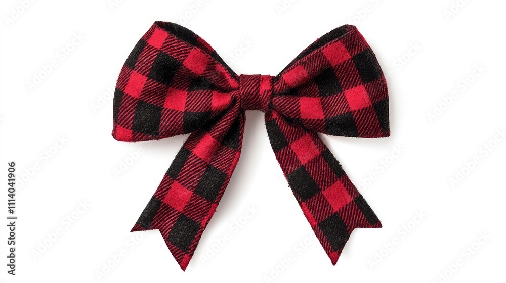 Christmas bow clipart, plaid flannel texture, red and black, isolated on white background -