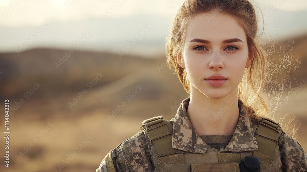 A young woman in military attire stands confidently in a natural landscape.