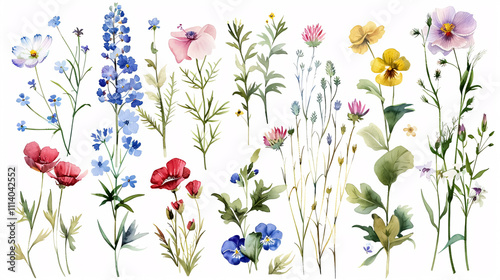 Watercolor Wildflowers and Leaves: Set of watercolor illustrations of wildflowers, leaves, and grass. Vector isolated in a vintage style.