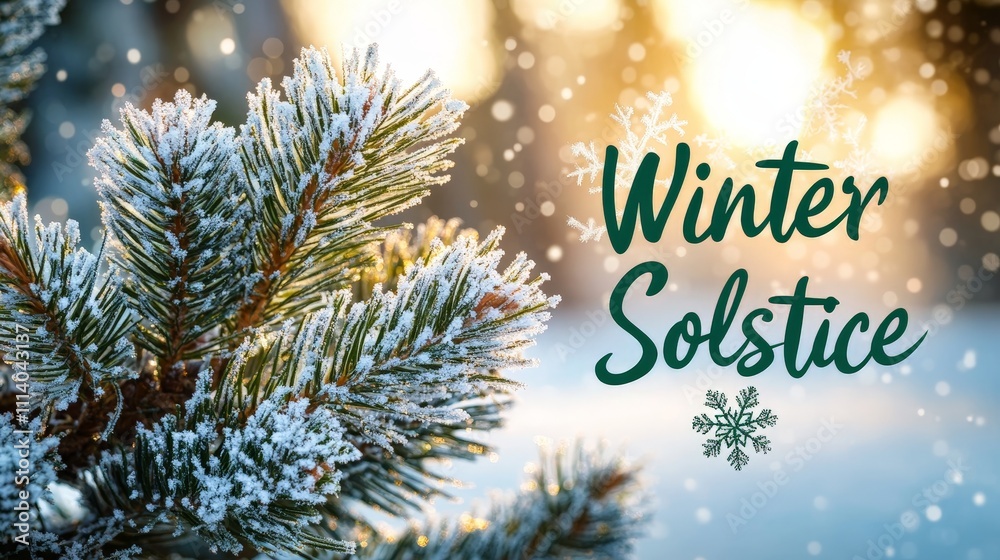 Snow-Covered Pine Branches with Winter Solstice Text Snow-Covered Pine Branches with Winter Solstice Text