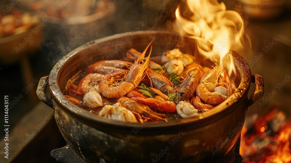 Traditional Clay Pot Cooking with Seafood and Flames