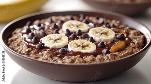 A warm bowl of oatmeal sits on the kitchen table, adorned with banana slices and chocolate chips