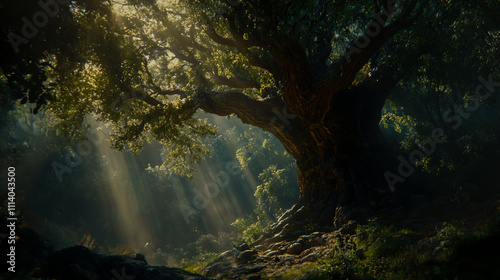 Sunlight filtering through the branches of an ancient tree, creating a peaceful and serene atmosphere