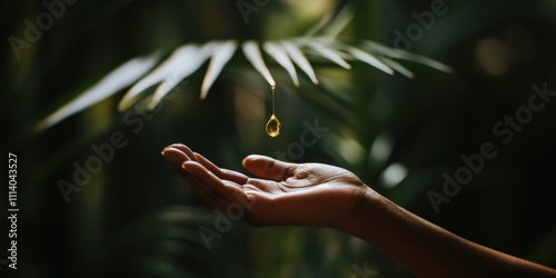Close-up dark skinned hands with dropper, applying transparent oil, serum to the other hand. Jungle background, soft light, copy space.,beauty and aroma product ads, banners, promoting natural beauty.