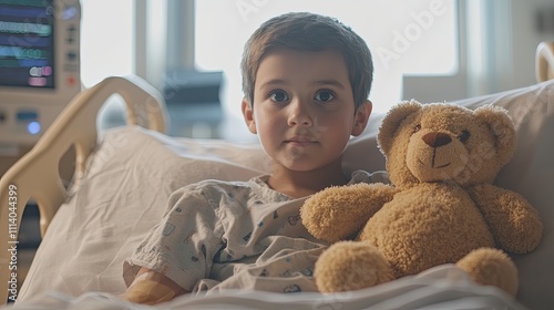 Pediatric patient with a brain tumor sitting in a hospital bed, holding a teddy bear. with copy space