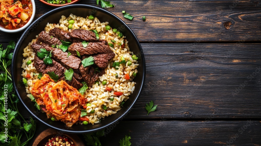 Delicious Stir-Fried Beef with Rice and Kimchi in a Black Bowl Delicious Stir-Fried Beef with Rice and Kimchi in a Black Bowl
