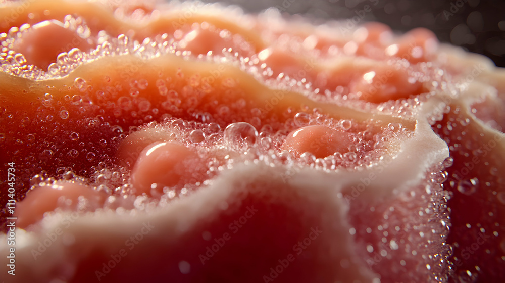 Close-up of bubbly, salmon-colored liquid, possibly a fruit or food item, with soft white foam. Perfect for food, drink, or abstract backgrounds. Close-up of bubbly, salmon-colored liquid, possibly a fruit or food item, with soft white foam. Perfect for food, drink, or abstract backgrounds.