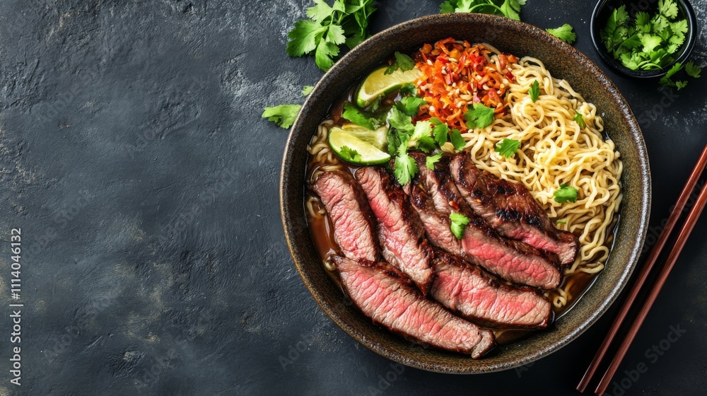 Savory Bowl of Ramen Noodles with Grilled Steak and Fresh Herbs Savory Bowl of Ramen Noodles with Grilled Steak and Fresh Herbs
