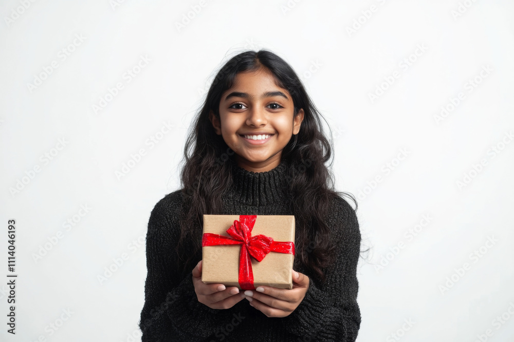 A young Indian ethnic woman with a smiling face holding a gift box in hand against a white background A young Indian ethnic woman with a smiling face holding a gift box in hand against a white background