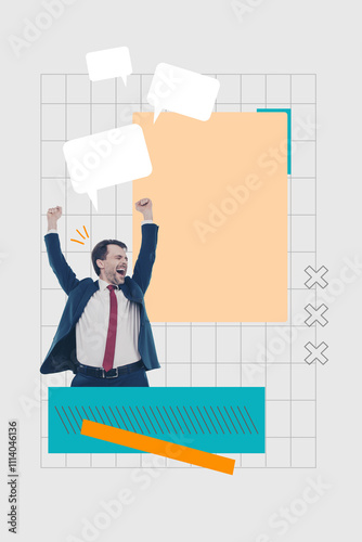 Trend composite sketch template photo collage of app speech network cloud communication middle aged man hands up fist success formalwear photo