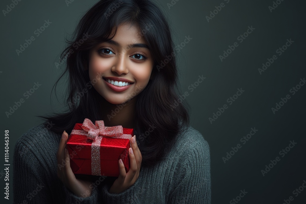 A young Indian ethnic woman with a smiling face holding a gift box in hand against a grey background A young Indian ethnic woman with a smiling face holding a gift box in hand against a grey background