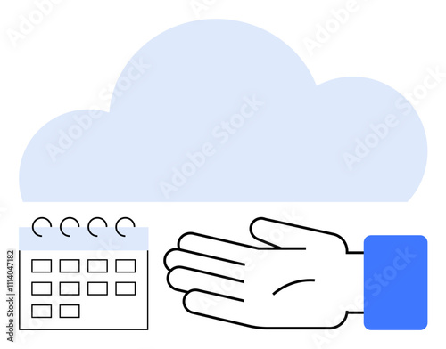Cloud above an open hand and spiral-bound calendar. Ideal for cloud storage, support, scheduling, management, technology integration, reliability, and organization. Line metaphor