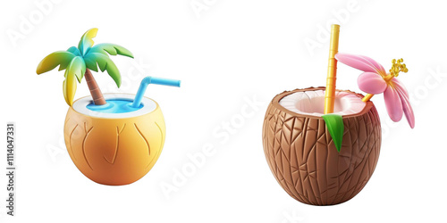 3d render coconut drink isolated on transparent background Cartoon Illustration in plastic style