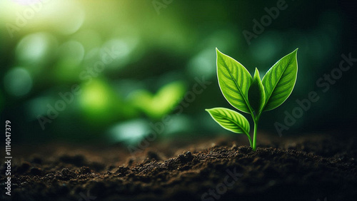 Young Plant Shoots Growing on Fertile Soil on Green Background