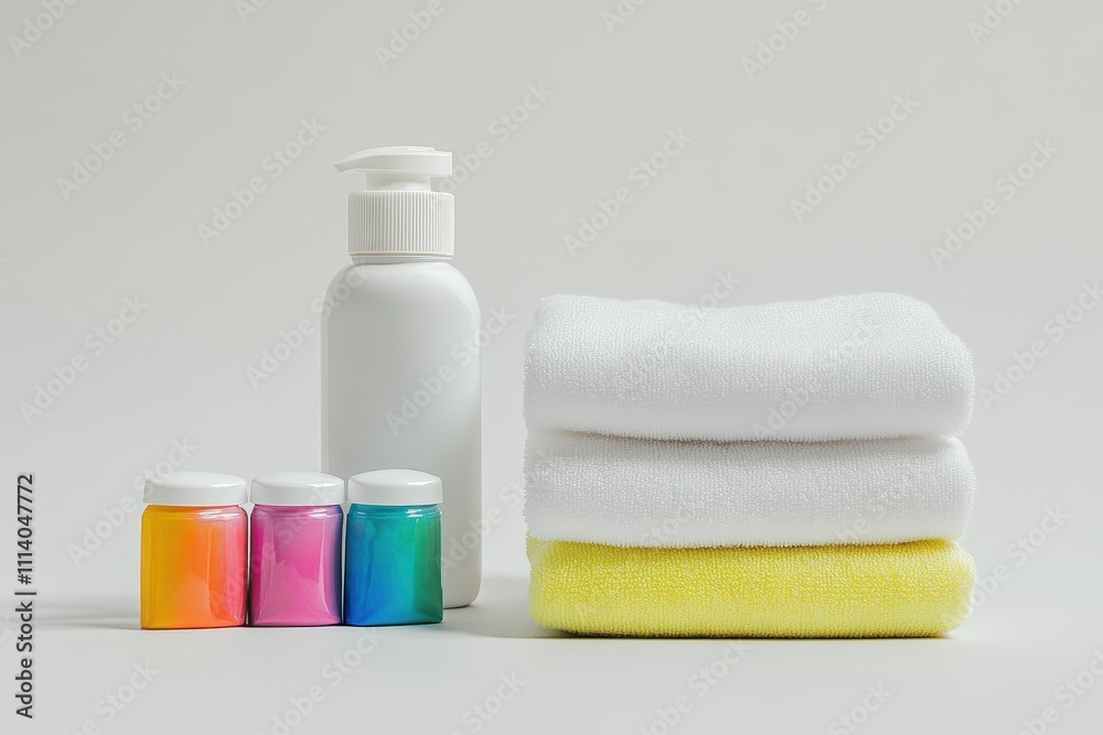 Stacked Towels with Skincare Bottles on White
Stacked Towels with Skincare Bottles on White