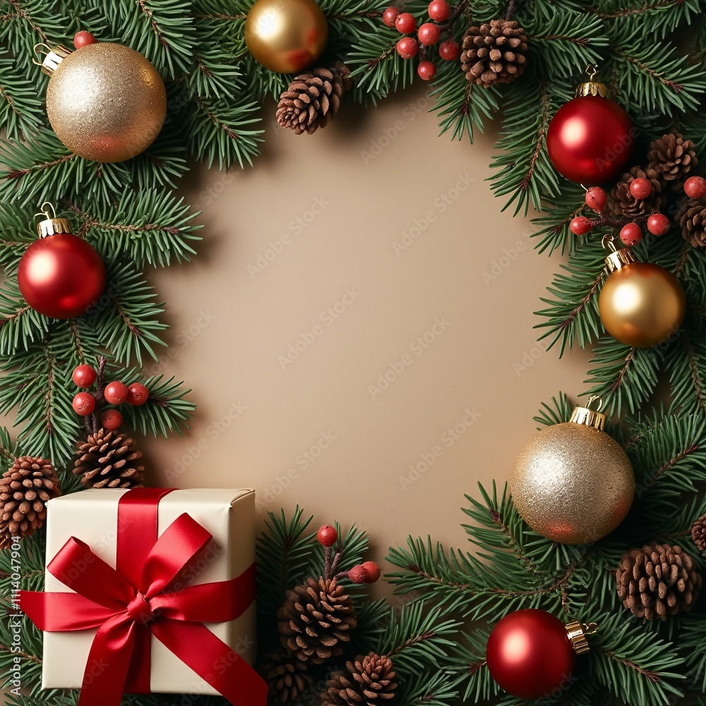 Christmas Background with Branches, Ornaments, and a Beautifully Wrapped Gift Box Christmas Background with Branches, Ornaments, and a Beautifully Wrapped Gift Box