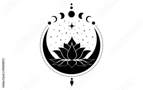 Mystical Crescent Moon and Sacred Lotus flower with Stars Moon Phases logo design. Floral magic celestial clipart of yoga, spa, beauty salon, cosmetics, relax, brand style, tattoo. Isolated on white photo