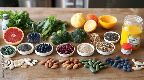 Wallpaper Mural A colorful assortment of healthy foods, including fresh fruits, vegetables, nuts, and seeds, arranged on a wooden table alongside functional foods like probiotics and supplements  Torontodigital.ca