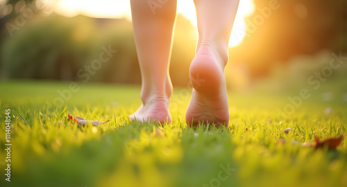 Barefoot person walking on grass at sunset with warm glowing light