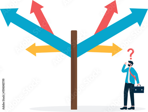 Business decisions or future paths. Multiple choices and confusion. Businessman standing in the direction of the crossroads chose the direction. illustration
