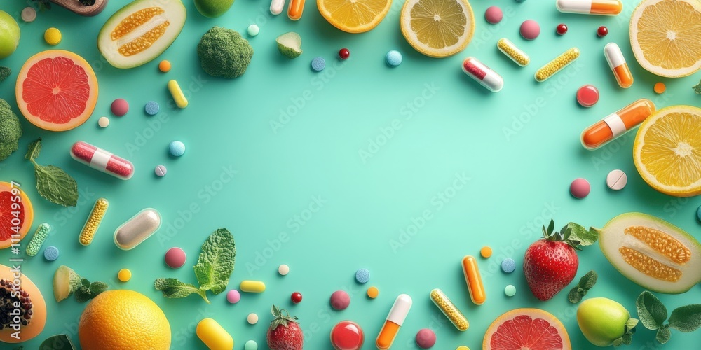 Vibrant Health: A Colorful Blend of Fruits, Vitamins, and Supplements for Wellness Vibrant Health: A Colorful Blend of Fruits, Vitamins, and Supplements for Wellness