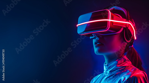 Woman in VR Glasses with Neon Blue and Red Light: A girl in a futuristic costume using VR glasses and interacting with augmented reality, set against a dark background with neon blue and red lights.