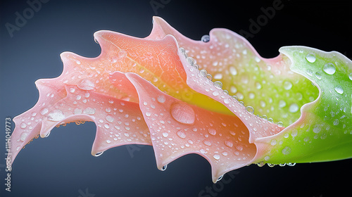 A vibrant green leaf, glistening with droplets of morning dew. The delicate veins of the leaf are accentuated by the translucent water beads. photo