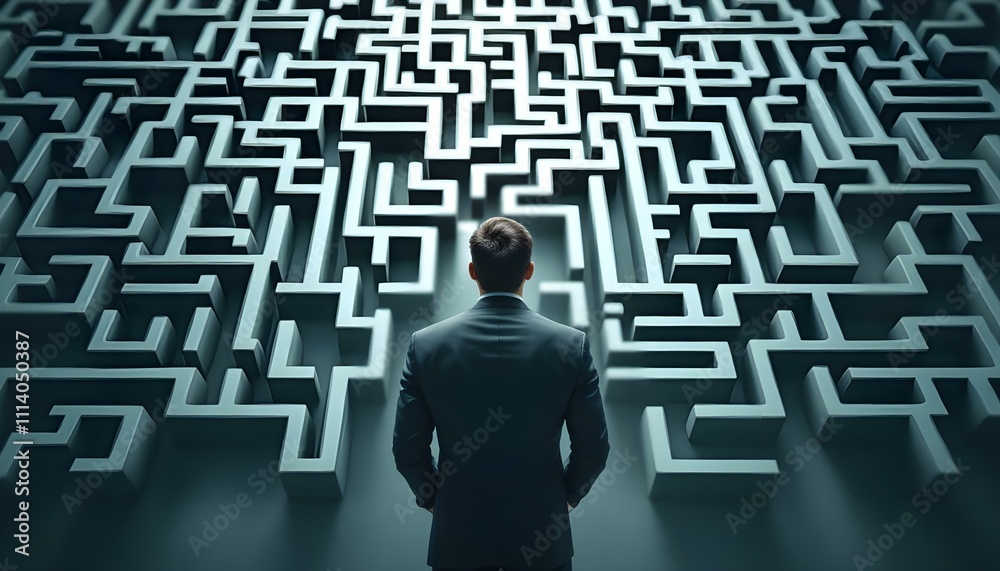 A businessman stands facing a complex pattern. It symbolizing challenges and decision-making in professional life and business too A businessman stands facing a complex pattern. It symbolizing challenges and decision-making in professional life and business too