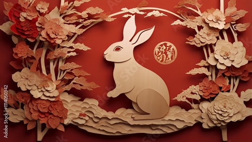 A beautifully crafted artwork featuring a wooden-style rabbit surrounded by intricate floral patterns in shades of red and beige. Ideal for themes related to the Chinese New Year, Year of the Rabbit photo