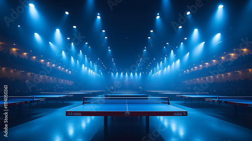 Exciting table tennis arena featuring multiple tables under dramatic lighting during a competitive tournament. Generative AI