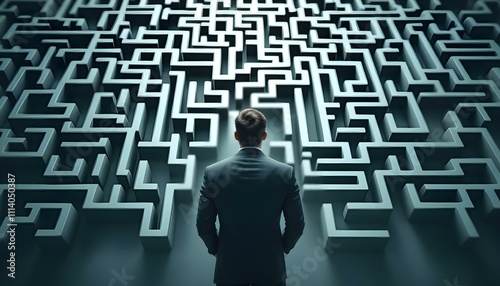 A businessman stands facing a complex pattern. It symbolizing challenges and decision-making in professional life and business too