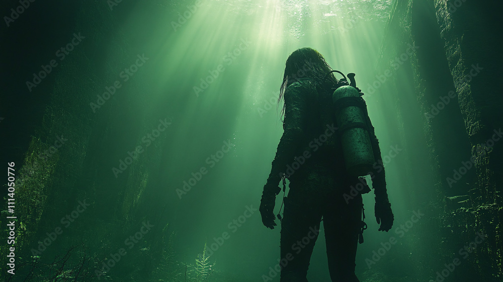 Fototapeta premium A silhouetted diver explores a mysterious, sunlit underwater environment, creating an atmosphere of adventure and intrigue.