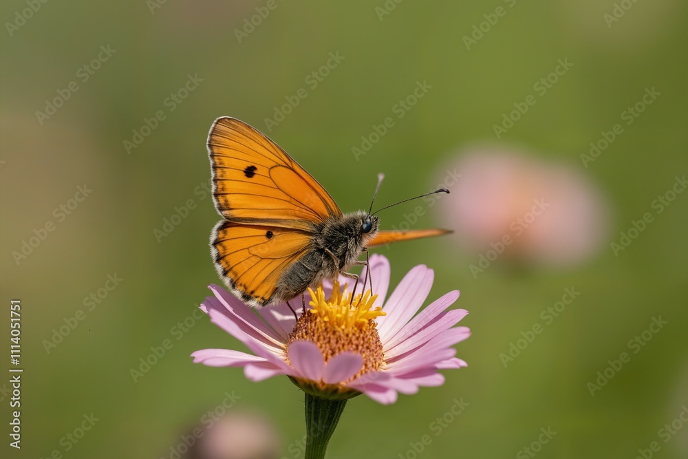 Orange Butterfly on Pink Flower in Soft Focus Green Background, Macro Photography Orange Butterfly on Pink Flower in Soft Focus Green Background, Macro Photography