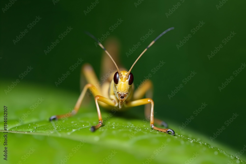 Close-up of a Yellow Grasshopper on a Green Leaf against a blurred green background, Macro Photography Close-up of a Yellow Grasshopper on a Green Leaf against a blurred green background, Macro Photography