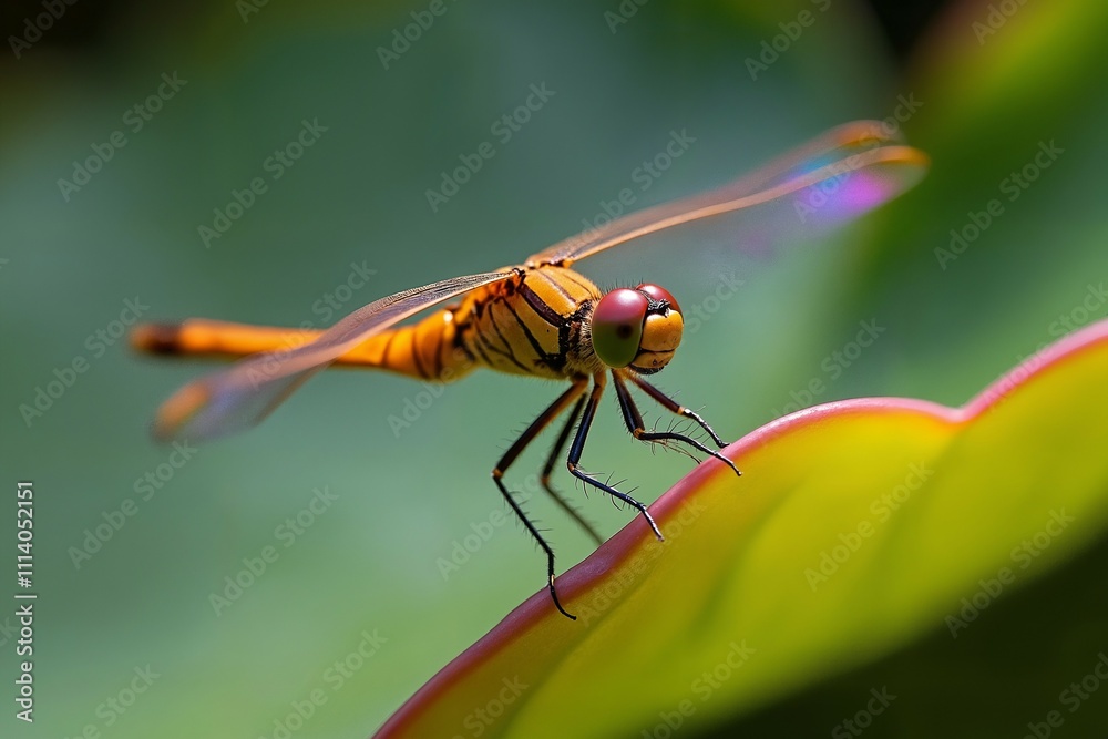 A dragonfly with vibrant orange and black wings perched atop a green leaf, Macro Photography A dragonfly with vibrant orange and black wings perched atop a green leaf, Macro Photography