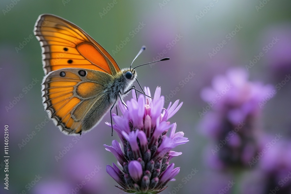 Fototapeta premium Close-up vibrant orange butterfly perched atop a purple flower, Macro Photography