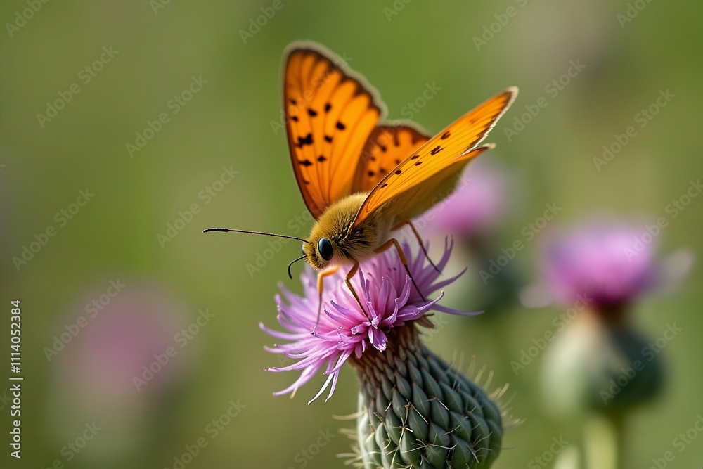 Obraz premium Lycaena dispar butterfly on a thistle flower in a sunlit meadow Macro Photography
